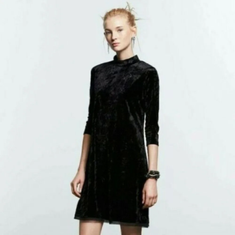 SIMPLY VERA Vera Wang Dress Women XS Black Crushed Velvet NWT 3/4‎ Sleeve Mock